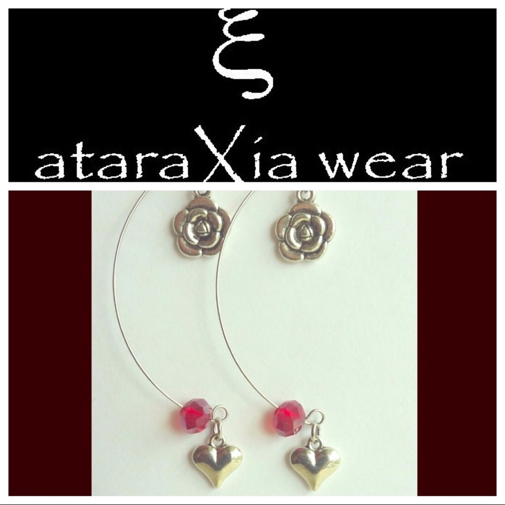 Handmade Crescent Dangling Earrings w/Rose & Heart